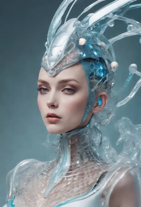 Translucid robot queen of the sea, cybernetic fashion, bubbles, veins ...