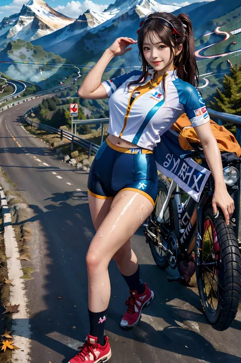 (Realistic), (Intricate details: 1.2), (masutepiece: 1.3), (Best Quality: 1.4), (超A high resolution: 1.2), 超A high resolution, (Detailed eyes), (A detailed face), Dramatic Lighting, foco nítido, 1beautiful girl,beautiful Japanese idol,(Sexy Road Bike Racin...