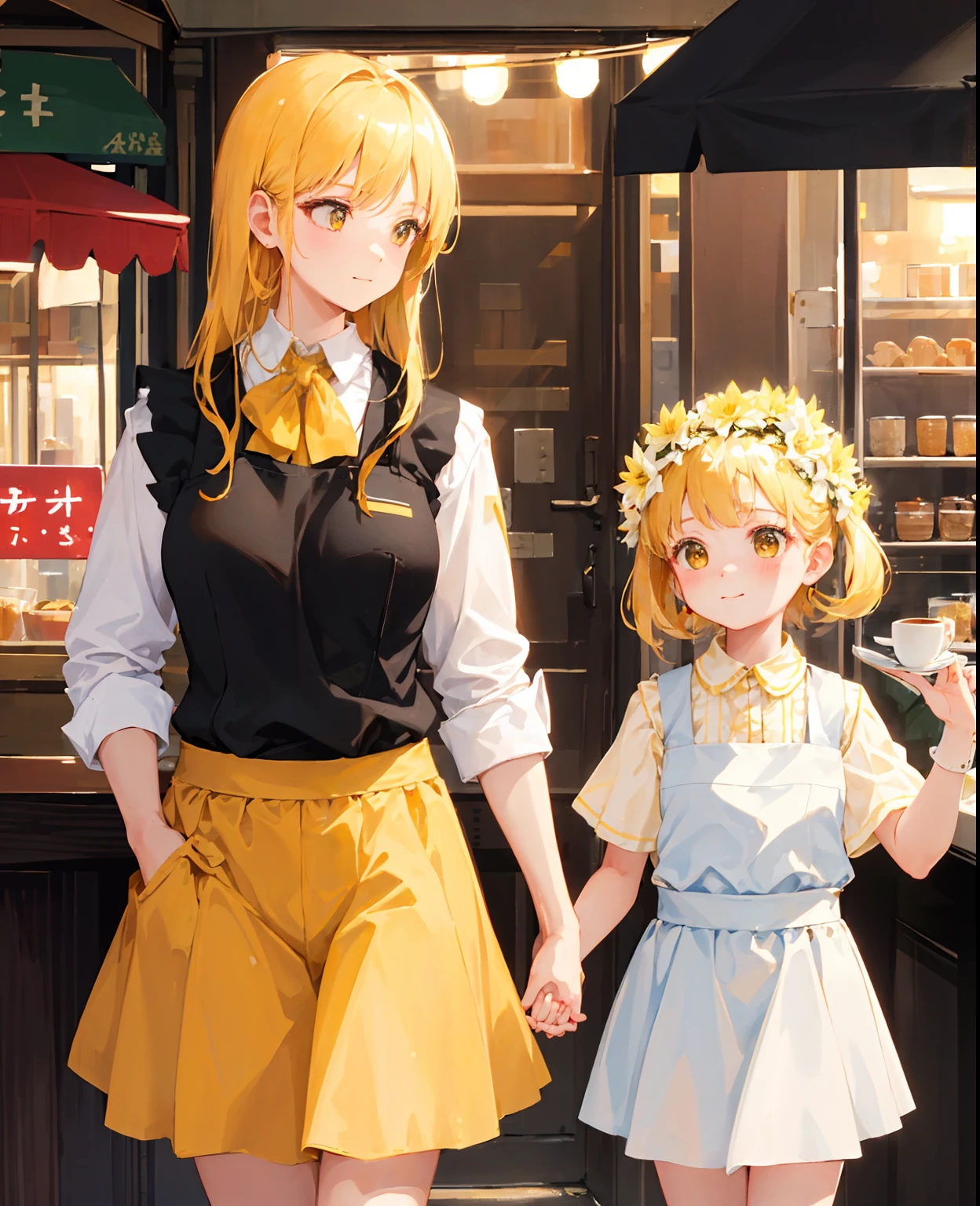 (​masterpiece), (top-quality), (Convoluted_Details:1.1), (detaile:1.4), (Distinct_image:1.2), (Cafe Background), Mother and daughter, Matching clothes, kawaii, ((Face Focus)), a blond, Yellow lily flowers, Black vest, white  shirt, Yellow skirt, , [[Tight waiter pants]], pinafore, back arms,