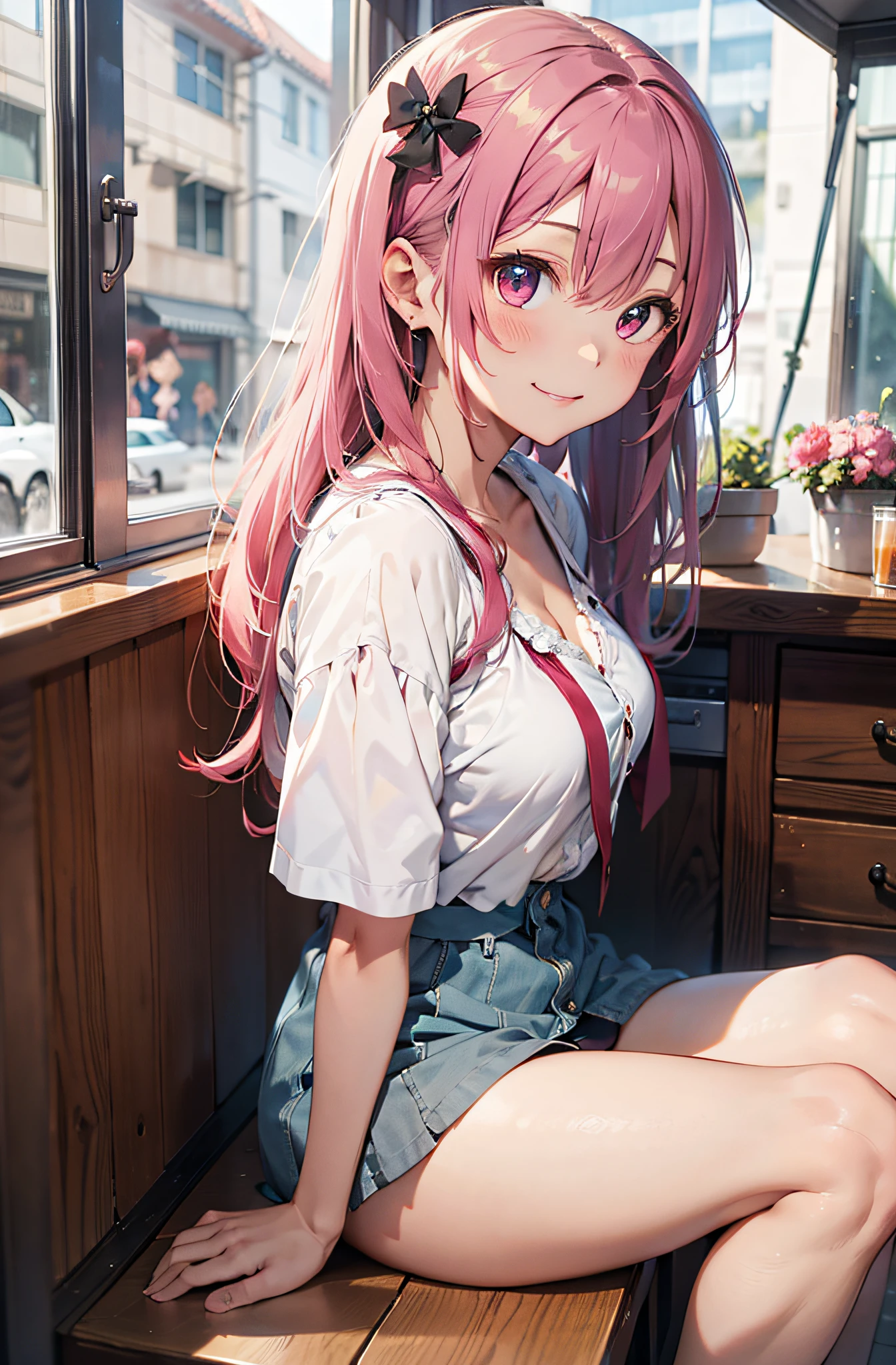 top-quality、masutepiece、in 8K、Pastel tones、girl with、Pink hair、(Twin-tailed)、Long hair、View from the side、sitting on、Unbutton the short-sleeved blouse to reveal the bra.、Wearing only panties、bare-legged、ssmile、livingroom