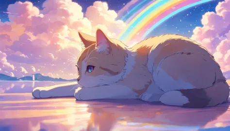 Beautiful cute cat、Draw a picture of yourself relaxing and dreaming in the clouds。Cat it lies down、The tail is curled。Surrounded by rainbows and stars、Elements in dreams, Like a floating bird。The background is lilac、Let you feel the world in your dreams。