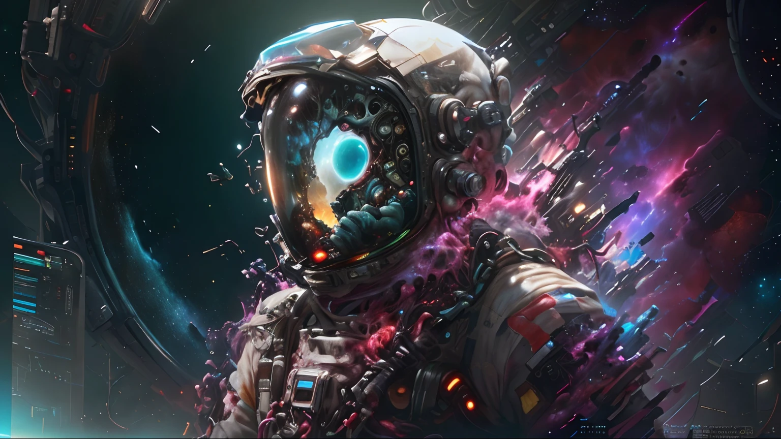 um close up de uma pessoa em um traje espacial com um splatter de tinta colorido, astronauta perdido no espaço liminar, intrincado capacete espacial quebrado, retrato de um astronauta de IA, arte gráfica espacial em segundo plano, Ilustração de arte digital de ficção científica, astronauta futurista, E Mumford. Renderização de 8k octanas, retrato vfx altamente detalhado de, retrato de astronauta, astronauta cyberpunk elétrico, Biopunks