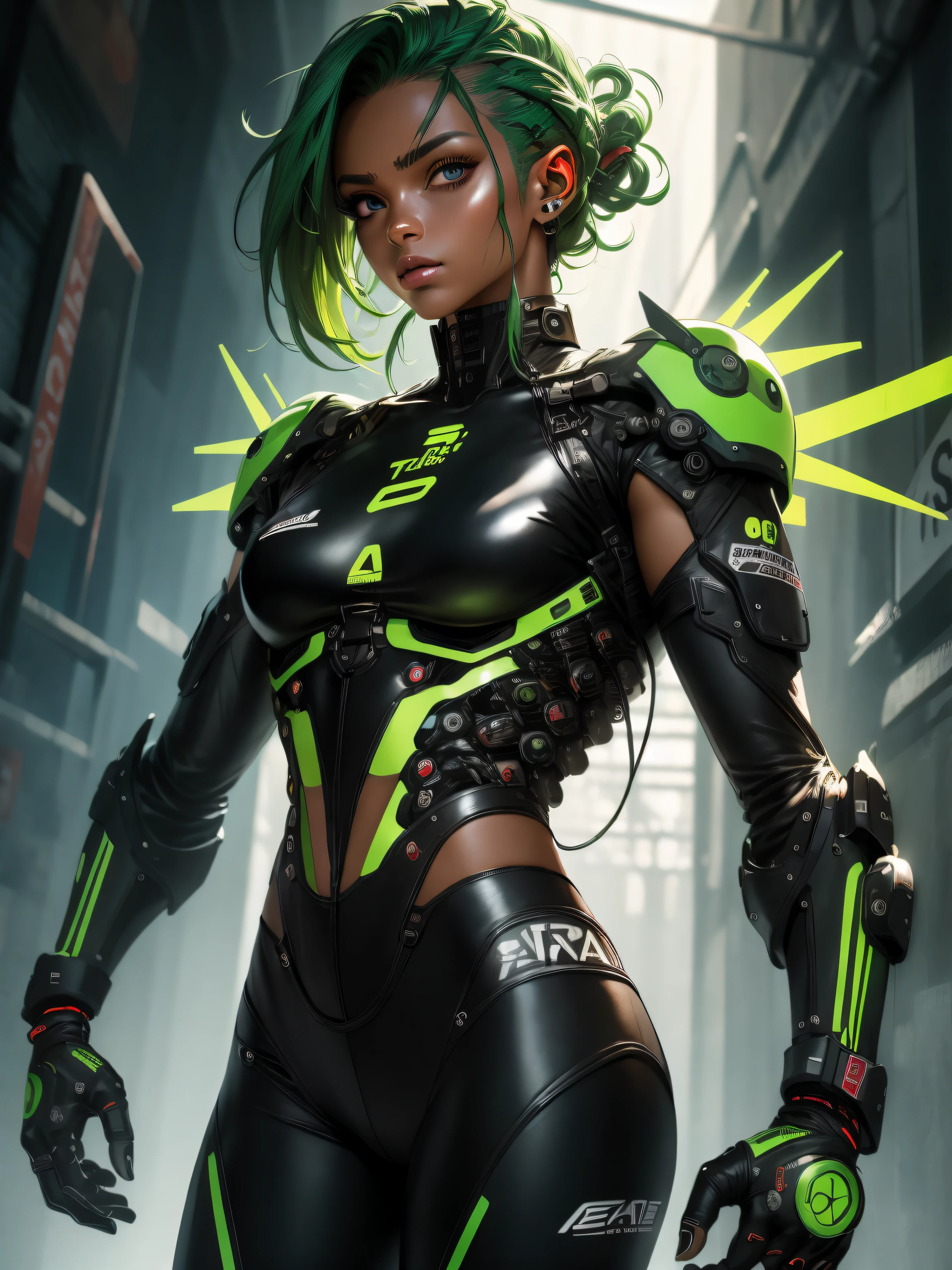 (Masterpiece artwork, best qualityer), 1ガール, shoulder length green hair, size A breasts, light green lace thong with strappy back design., naked pussy, panties with legs open to the side,  black, africana, dark skin tone, cyborg, cabelo verde neon, eyeballs_detaildeds,android, mind_hack, officer, handsome and aesthetic, modification_Cerebral,fullcolor,detailded,real,brutalist, real,from sideways,dystopian tone,(1 mechanical girl),独奏 ,machine-made joints,machanical limbs,Blood Vessels Attached to Tubes,(mechanical vertebra fixed to the back),complex_background,dynamic_eyes Modelo
xl_xlPERFECTDESIGN_v2ULTIMATEARTWORK