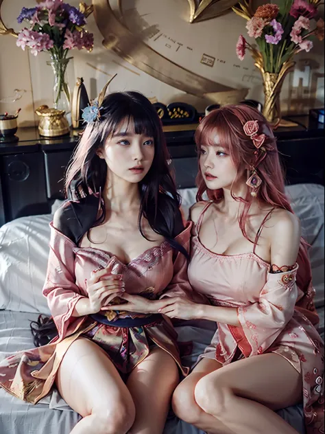 Two women in wedding dresses sitting on the bed，holds a bouquet of flowers, lalisa manobal, Album art, Official artwork, very ma...