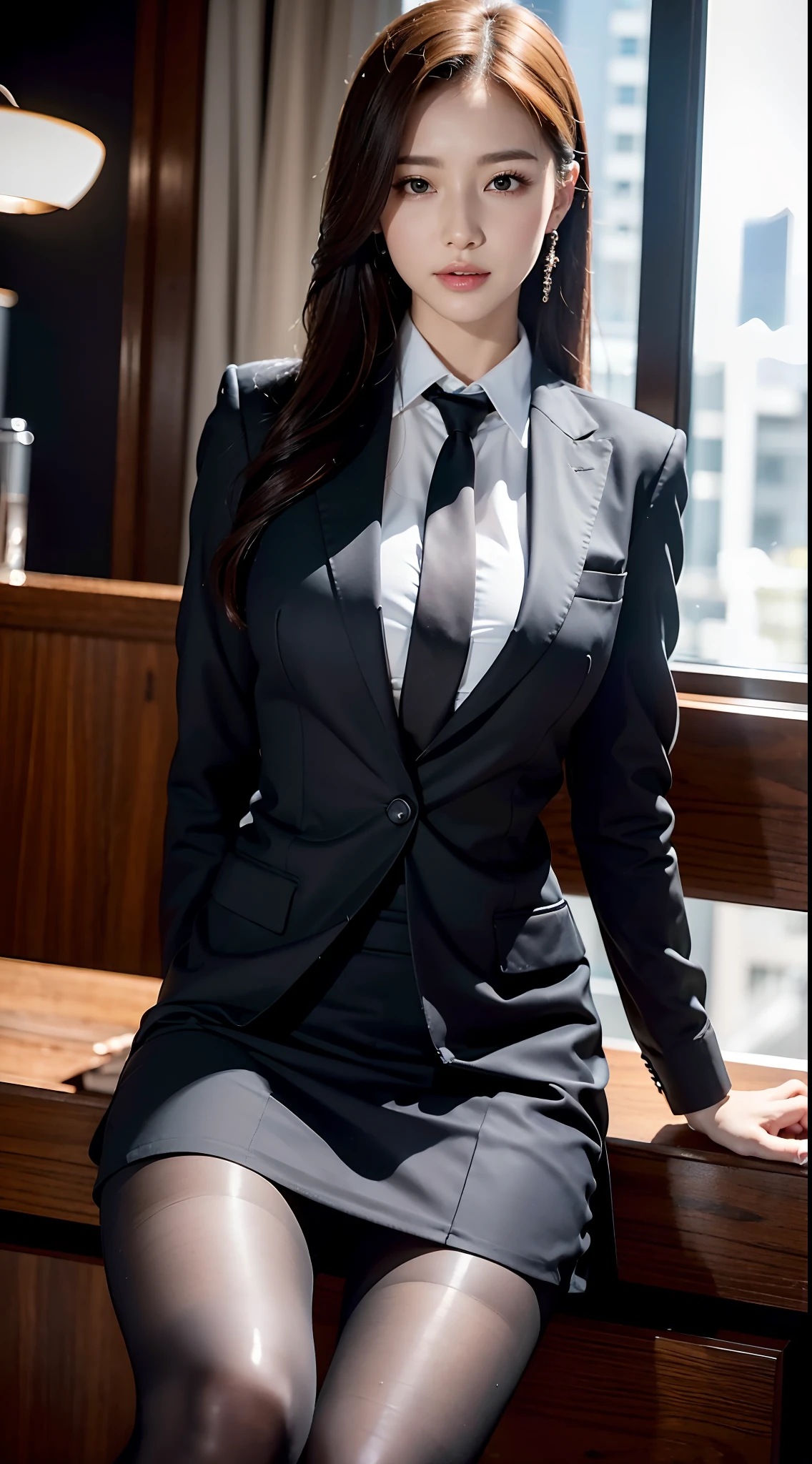 Classy upper-class elite secretary in business shirt, working in an office、Wearing a strict business suit, Wearing pantyhose、Wear high-end high heels、 Girl in a shirt, Wearing a business suit, Wearing a business suit, in a business suit, businesswoman, business clothes, wearing black business suit, Wear shirts and skirts, Woman in business suit, Business attire, business outfit, Raw photo, (8K、top-quality、​masterpiece:1.2)、(intricate detailes:1.4)、(Photorealsitic:1.4)、octane renderings、Complex 3D rendering ultra detail, Studio Soft Light, Rim Lights, vibrant detail, super detailing, realistic skin textures, Detail Face, Beautiful detail eyes, Very detailed CG Unity 16k wallpaper, make - up, (detailedbackground:1.2), Exposed thighs!!!,