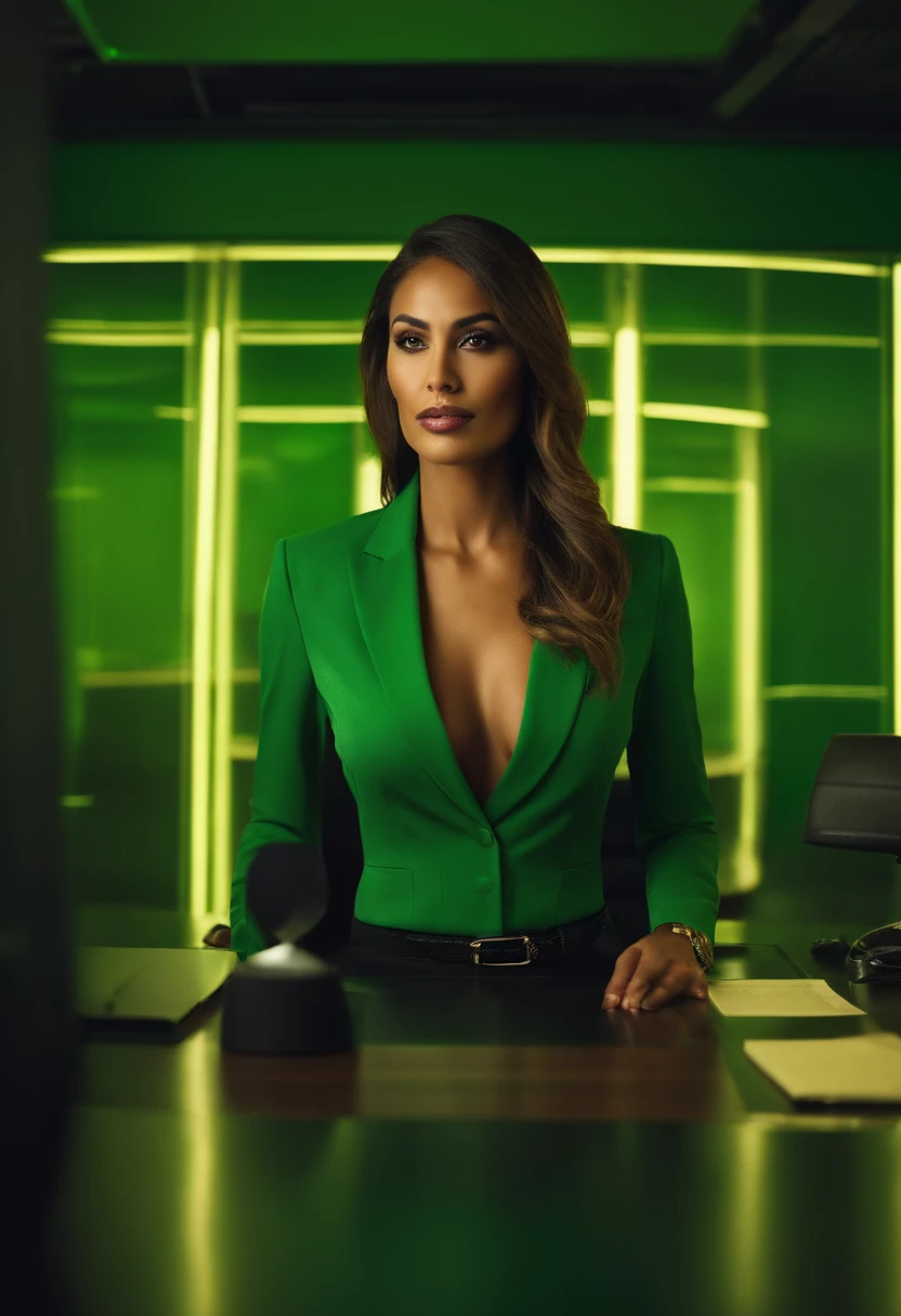 I want a well-dressed Brazilian executive sex woman standing the office  setting with the green led background - SeaArt AI