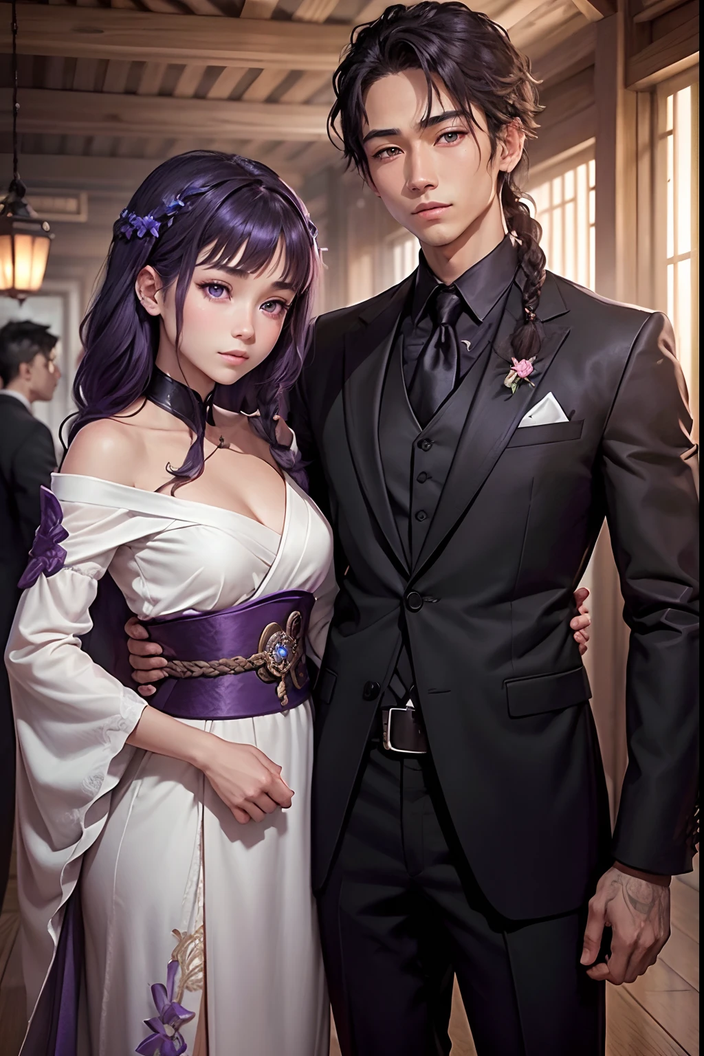 (1girl, purple eyes,braided hair), (1boy, brown eyes, black short hair) kazuhiro1, raidenshogundef, ((the boy is shorter than the girl)),in center, happy, masterpiece, highest picture quality, a couple, a man and a woman are getting married, men's black suits, women's purple wedding dresses, flowers, gorgeous background, handsome boys, beautiful girls, girls show delicate collarbones, two people look at each other,