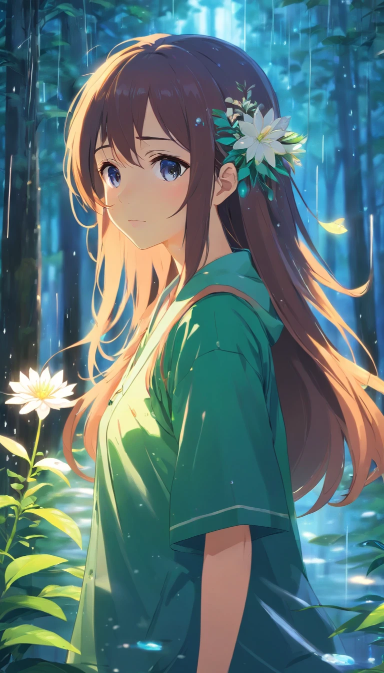 Anime-Mädchen mit langen Haaren und Blume im Haar, wunderschöne Anime-Kunstwerke, Stil von Anime4 K, Anime-Kunst-Hintergrundbild 4K,regnerische Tage，Fenster，der Wald，Regentropfen