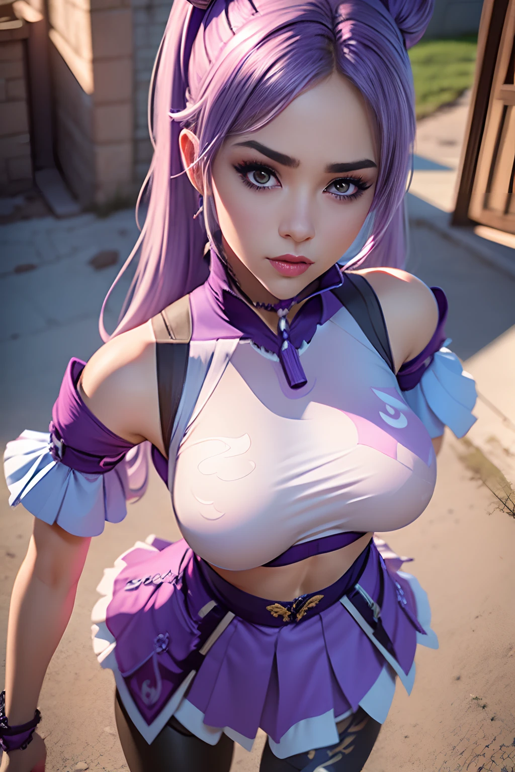 (Best quality) (masterpiece) 1girl, light purple hair pigtails. Big breasts, bulged skirt, ((ripped tights)). Body turned to camera. Looking at camera seductive eyes. Pout lips. Crop top. Octane render.