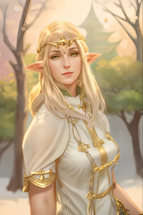 a close up of a woman in a dress with a sword, elven character with smirk, Female Elf, she has elf ears and gold eyes, Catty - B...