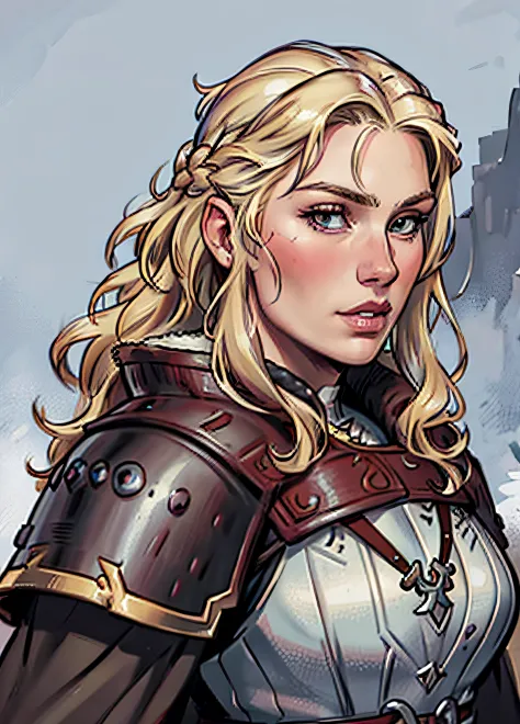 beautiful woman, viking warrior, fur cloak, armor, blonde hair, wavy hair, (closeup, portrait shot), (solo), realistic, depth of...