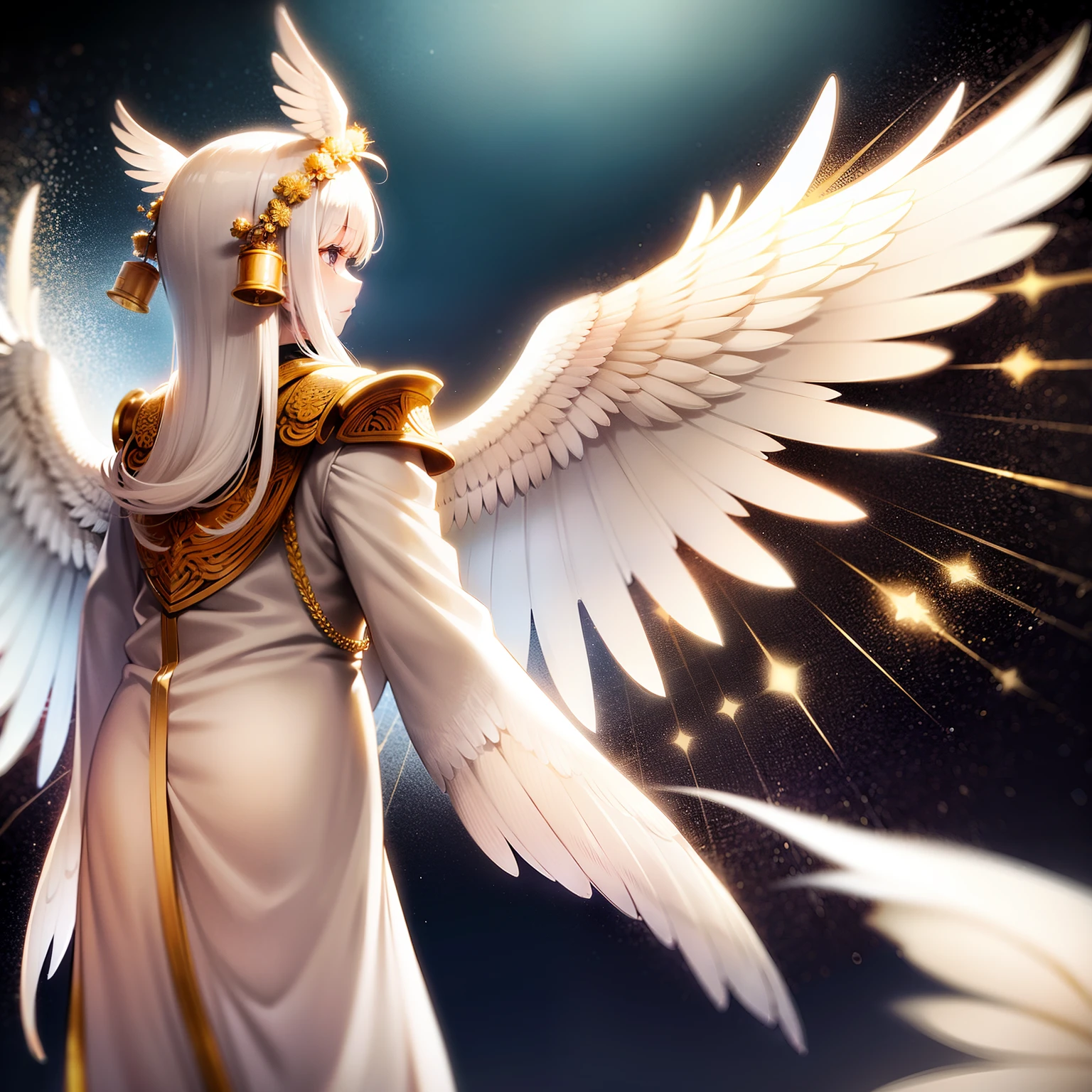 Anime angel with white wings and gold accents standing in the dark - SeaArt  AI