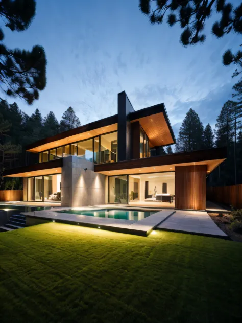 RAW photo, Masterpiece, high quality, best quality, authentic, super detail, dslr, mountain villa, pine forest, shrubs, swimming pool, glass facade, swimming pool light, sunser skylight, cloud, stone, green grass on ground, modern house, contemporary buidi...