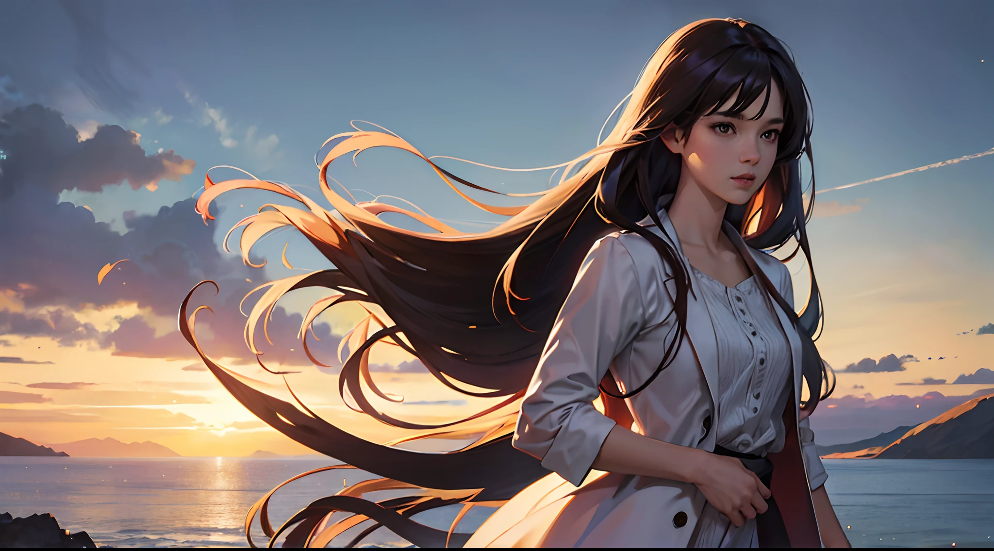 Anime girl with long hair standing on a cliff overlooking the ocean -  SeaArt AI