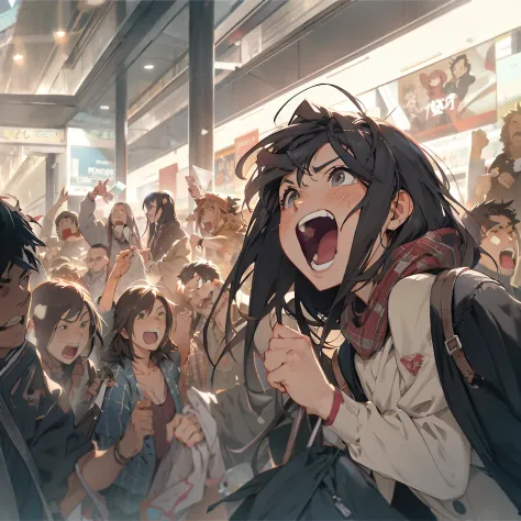 Anime characters standing in crowded areas，The crowd was bustling, Express fear
