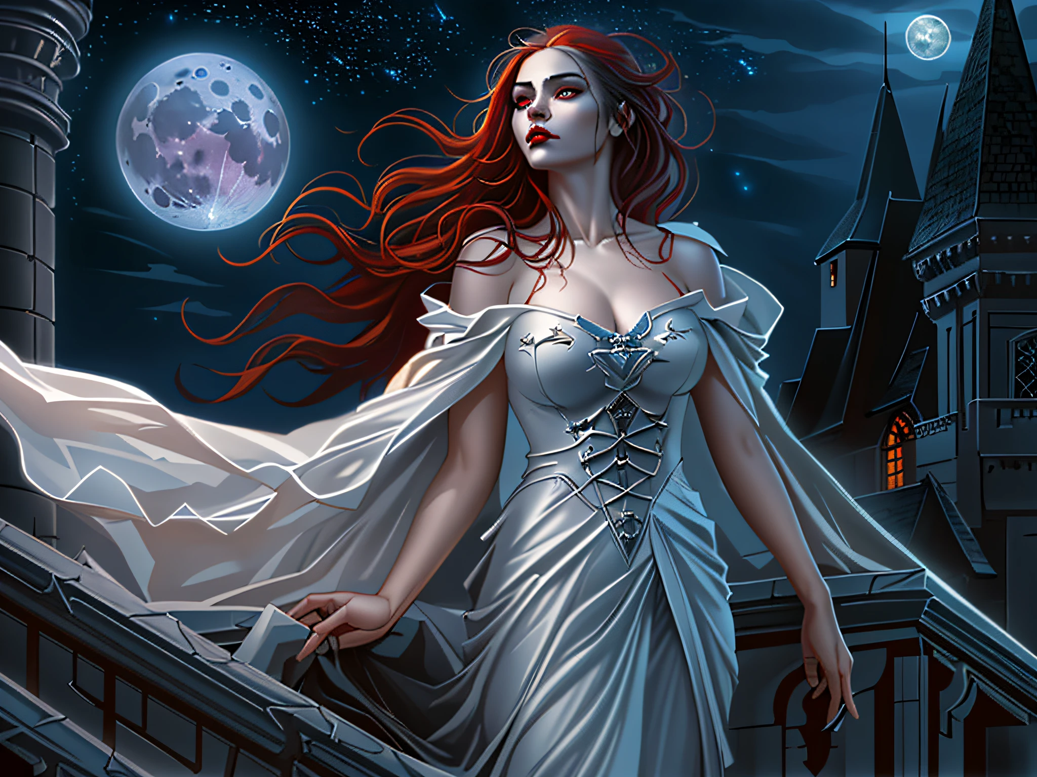 a photorealistic fantasy art picture of an exquisite beautiful female vampire standing under the starry night sky on the porch of her castle, dynamic angle (ultra detailed, Masterpiece, best quality, fantasy art), ultra detailed face (ultra detailed, Masterpiece, best quality, fantasy art), ultra feminine, grey skin, red hair, wavy hair, dynamic eyes color, cold eyes, glowing eyes, intense eyes, dark red lips, [fangs], wearing white dress, elegant style dress (ultra detailed, Masterpiece, best quality, fantasy art), wearing blue cloak (ultra detailed, Masterpiece, best quality, fantasy art), long cloak, flowing cloak (ultra detailed, Masterpiece, best quality, fantasy art), wearing high heeled boots, sky full of stars background, moon, bats flying about, fantasy art, high details, best quality, 16k, [ultra detailed], masterpiece, best quality, (ultra detailed), full body, ultra wide shot, photorealistic, fantasy art, gothic art, many stars, dark fantasy art, gothic art, sense of dread,