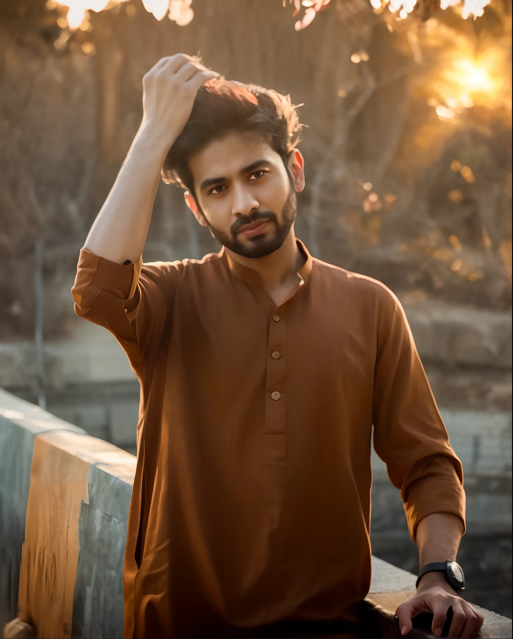 arafed man with a beard and a chemise marron standing on a bridge