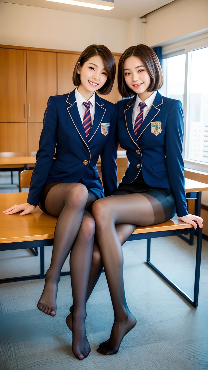 Show entire body, feet in view, four 16y.o., gorgeous Caucasian females, short brunette hair, perfect bodies, 8k resolution, wearing American school uniforms, brown sheer pantyhose, no shoes, aerial view, posing inside luxurious classroom, smiling, afternoon,