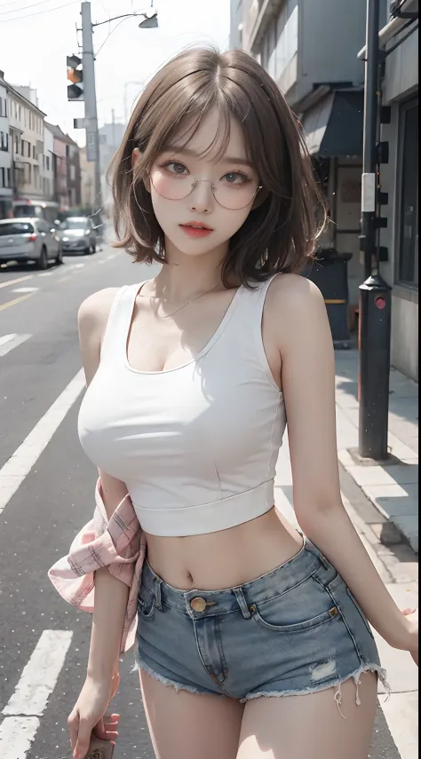 Top image quality、Raw photography、超A high resolution、18-year-old Korean、Glasses beauty、Colossal tits:1.5、cleavage of the breast:1.5、Healthy complexion、shiny white skin、(short bobbed hair)、((Light brown silver hair))、Beautiful eyes with random colors、very t...