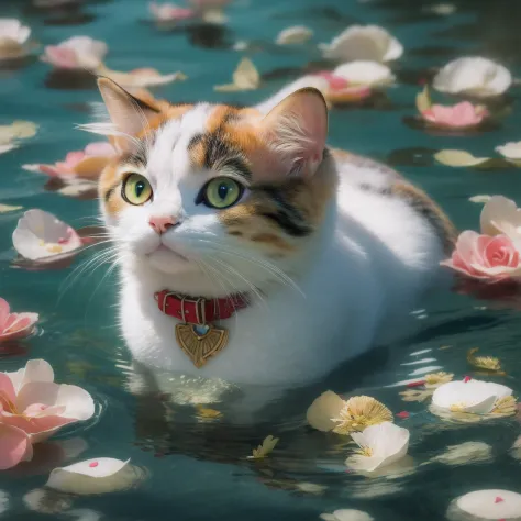 unbeatable masterpiece，ultra-realistic 8k cg，perfect artwork，cute cats，calico cat，swim in the bath，surrounded by water and rose ...