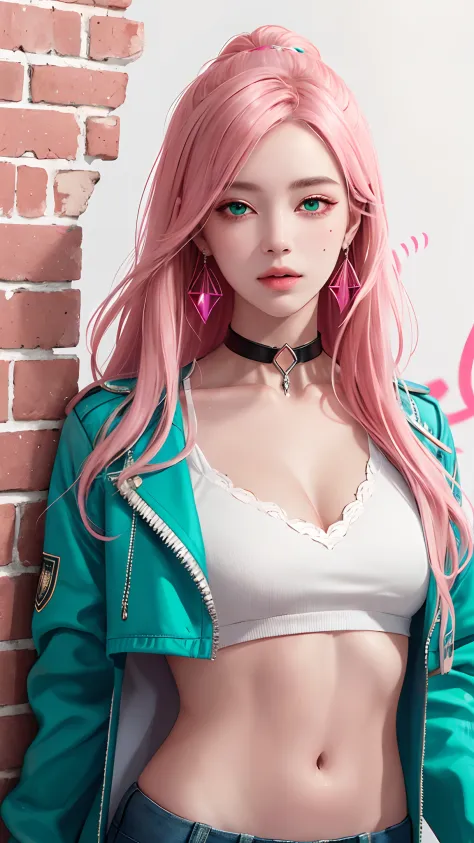 (masterpiece, best quality, 1girl, solo, intricate details, chromatic aberration), realistic, ((medium breath)),long hair, pink hair, red head ornament, green highlights, hair over one eye, detailed eyes, earrings, sharp eyes, choker, neon shorts, open jac...