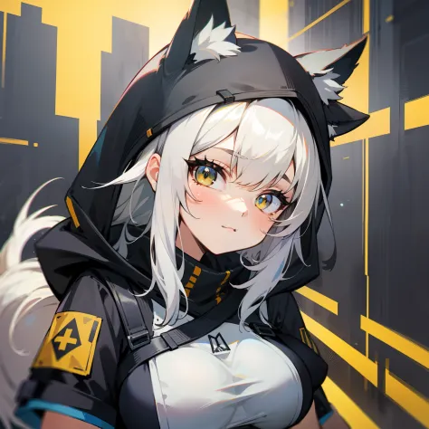 a close up of a person wearing a black and oranage hoodie, from arknights, from girls frontline, arknights, girls frontline styl...
