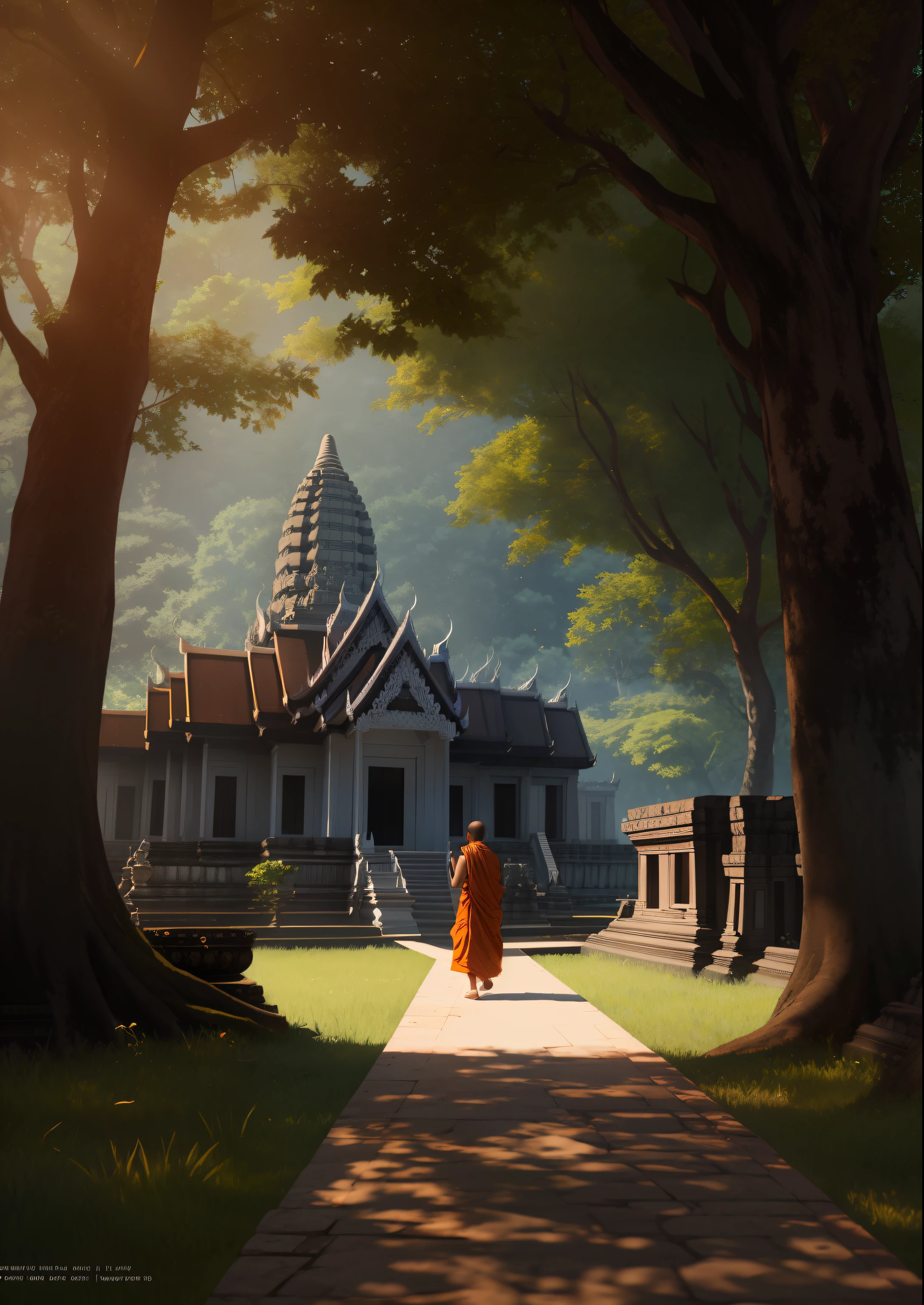 a Cambodian monk is meditating, walking in front of ankgkor wat the temple, the temple is in the forest, raw photo, surreal photo, unreal engine 4, 8k, super sharp, detailed colors, wide color coverage , extreme scene detail, shading, anti-aliasing, error detail smoothing,raw photo, surreal image, unreal engine 4, 8k, super sharp, detailed colors, wide color coverage, extremely high scene detail, shading, anti-aliasing, error detail smoothing, raw photo, surreal photo, unreal engine 4.8k, super sharp, detailed color, wide color coverage, scene detail extremely tall object , (8k, RAW photo, best quality, masterpiece:1.2), (realistic, photo-realistic:1.37),modelshoot style, (extremely detailed CG unity 8k wallpaper),professional majestic oil painting by Ed Blinkey, Atey Ghailan, Studio Ghibli, by Jeremy Mann, Greg Manchess, Antonio Moro, trending on ArtStation, trending on CGSociety, Intricate, High Detail, Sharp focus, dramatic, photorealistic painting art by midjourney and greg rutkowski, scene detail extreme objects, shading, anti-aliasing, error detail smoothing