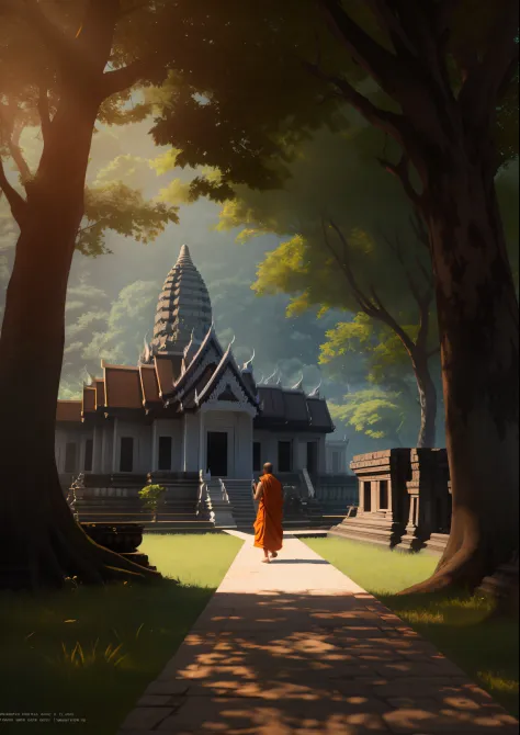 a Cambodian monk is meditating, walking in front of ankgkor wat the temple, the temple is in the forest, raw photo, surreal phot...