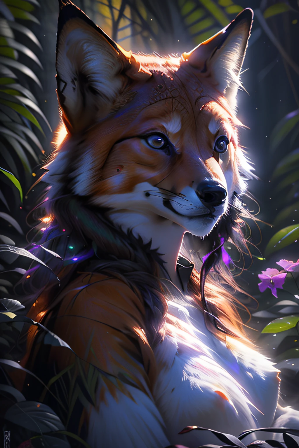 Antro Raposa realista de cores vivas iriscente com olhos brilhantes e cauda brilhante, ultra realistic antropomorph ethereal fox, raposa digital iriscente, arte de fantasia digital colorida, arte digital luminescente, Arte digital altamente detalhada em 4k, 8k arte impressionante, Arte bonita UHD 4K, Arte digital detalhada em 4k,