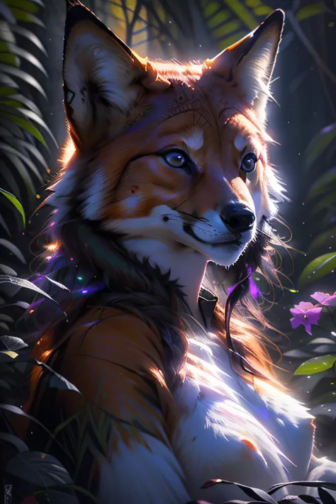 antro raposa realista de cores vivas iriscente com olhos brilhantes e cauda brilhante, ultra realistic antropomorph ethereal fox...