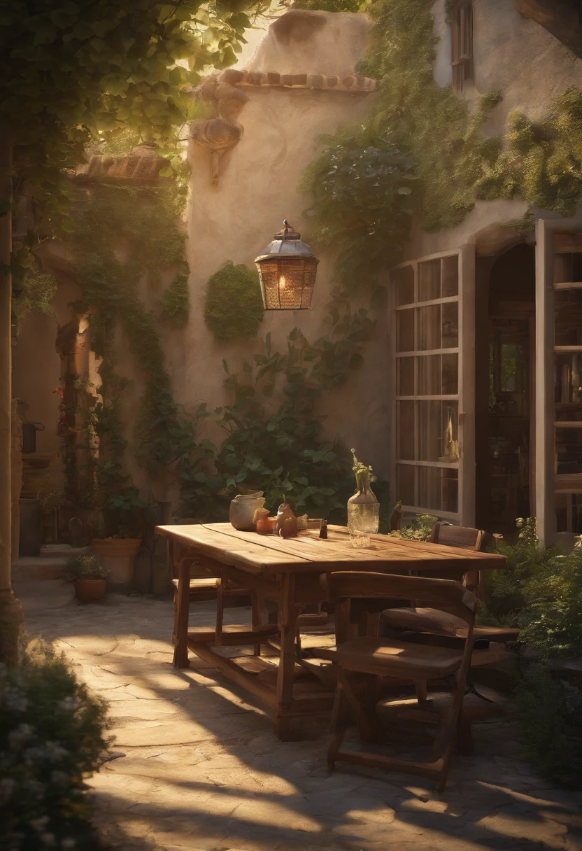 painting of a courtyard with a table and chairs and a bench, anime background art, relaxing concept art, anime scenery concept art, immensely detailed scene, a beautiful artwork illustration, detailed scenery —width 672, studio ghibli environment, highly detailed scene, environment design illustration, beautiful anime scene, ghibli studio style, anime scenery, detailed soft painting, environment painting