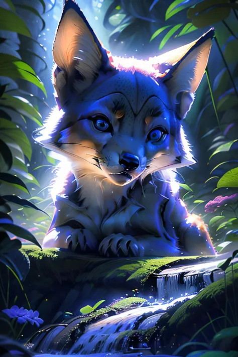 antro raposa realista de cores vivas iriscente com olhos brilhantes e cauda brilhante, ultra realistic antropomorph ethereal fox...