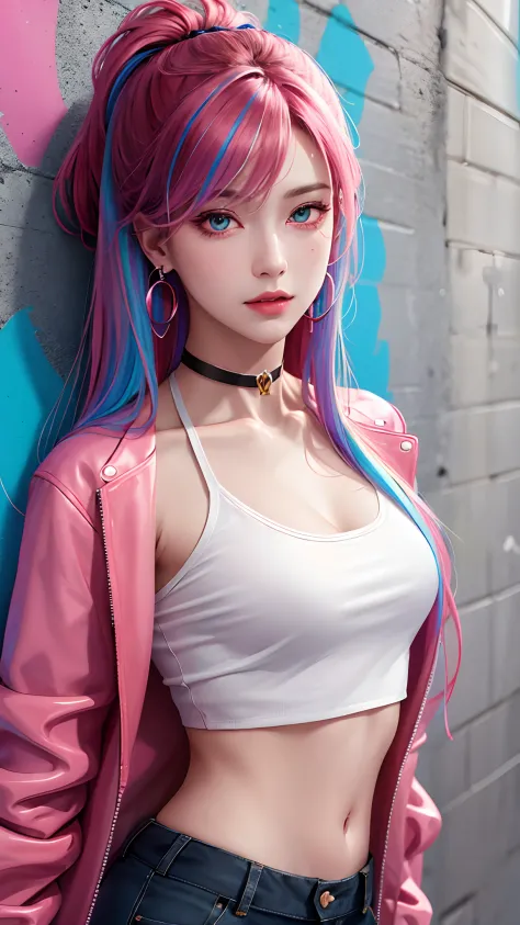 (masterpiece, best quality, 1girl, solo, intricate details, chromatic aberration), realistic, ((medium breath)),long hair, rainbow hair, red head ornament, colorful highlights, hair over one eye, detailed eyes, earrings, sharp eyes, choker, neon shirt, ope...