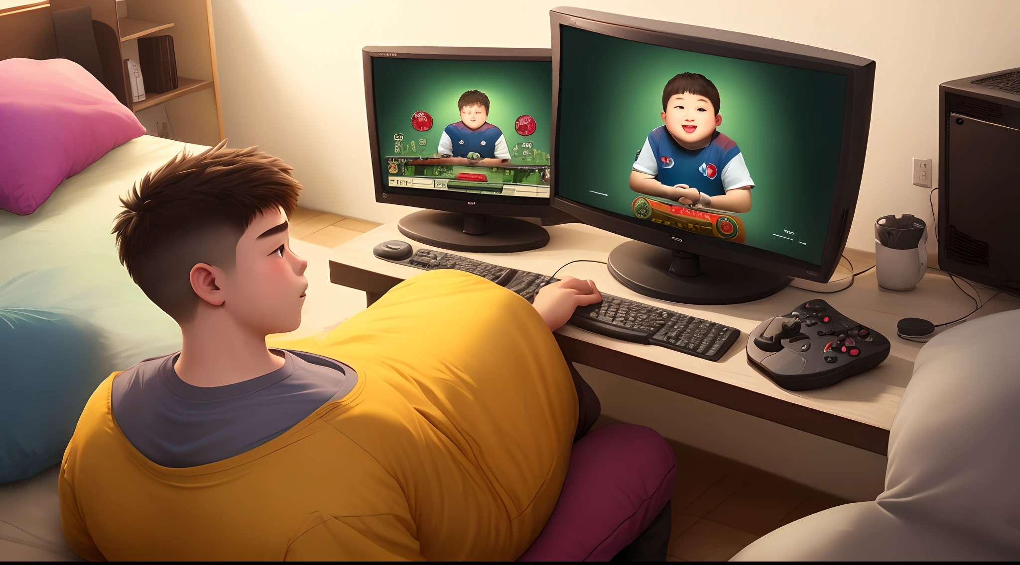 There is a boy sitting in front of two computer monitors - SeaArt AI