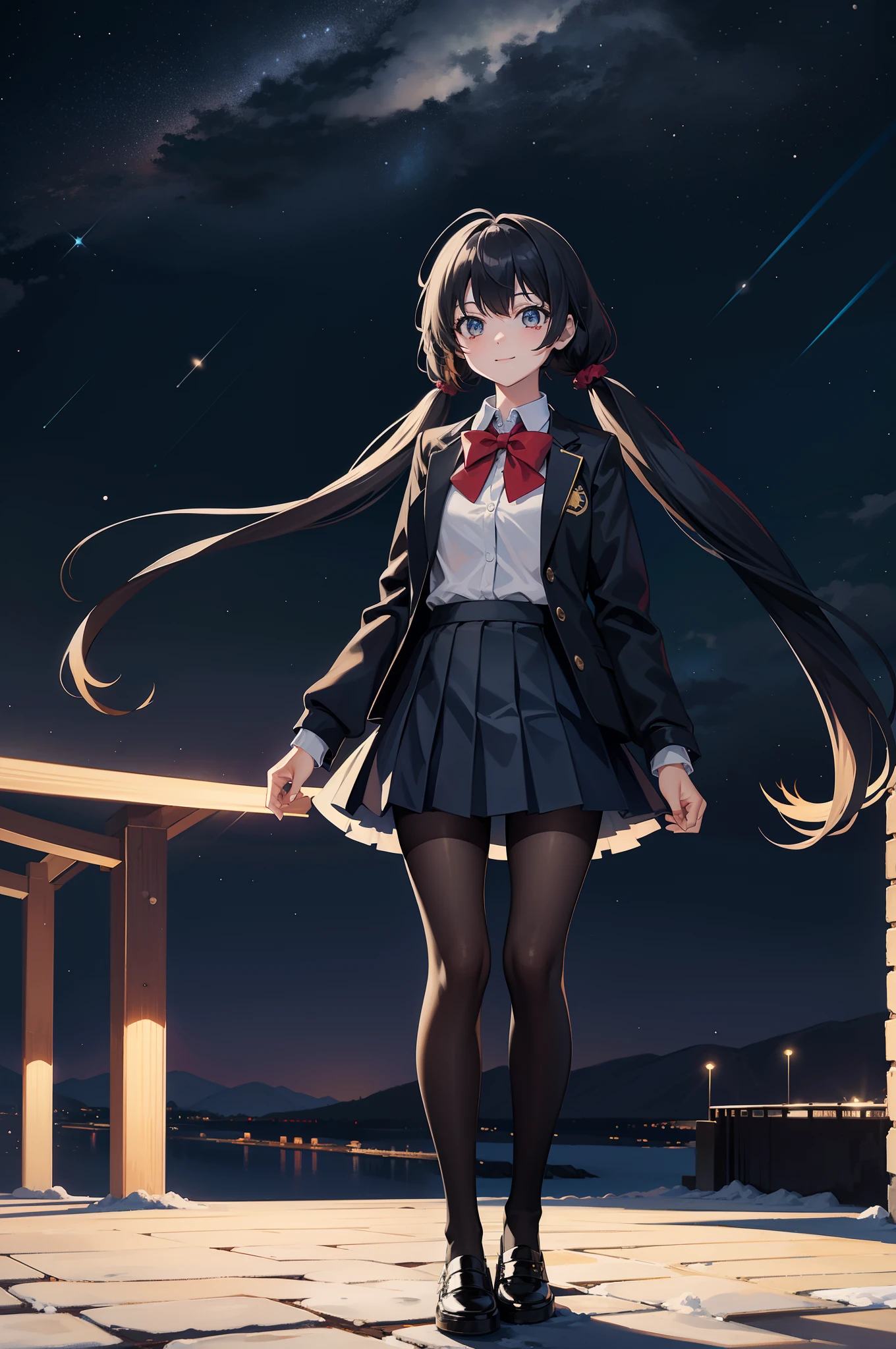 star_(sky), starry_sky, night, night_sky, sun, 1girl, shooting_star, space, long_hair, pantyhose, moon, light_particles, sky, lens_flare, tokisaki_kurumi, aurora, city_lights, twintails, spotlight, skirt, solo, full_moon, diffraction_spikes, stage_lights, hair_ornament, sunrise, moonlight, black_legwear, low_twintails, planet, smile, lights, constellation, standing, starry_sky_print, snowing, black_hair, jacket, shoes, bow, earth_(planet), lamppost, looking_at_viewer, school_uniform, snow, blue_skirt, pleated_skirt, bangs, fireworks, outdoors, very_long_hair, scrunchie