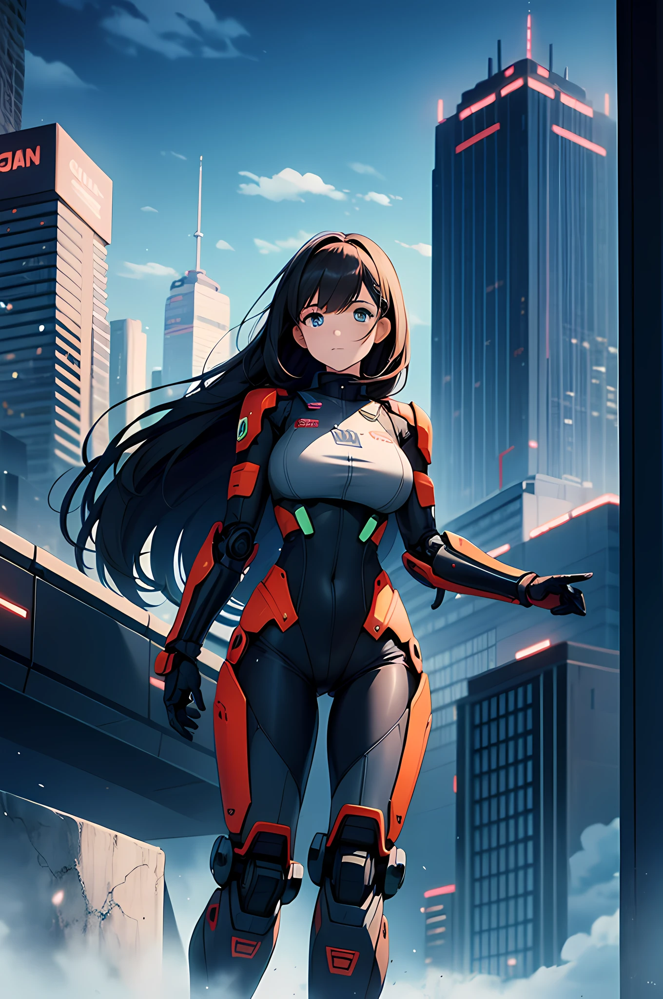 Uma garota em um traje mecânico, ENORMES braços robóticos, fundo da cidade