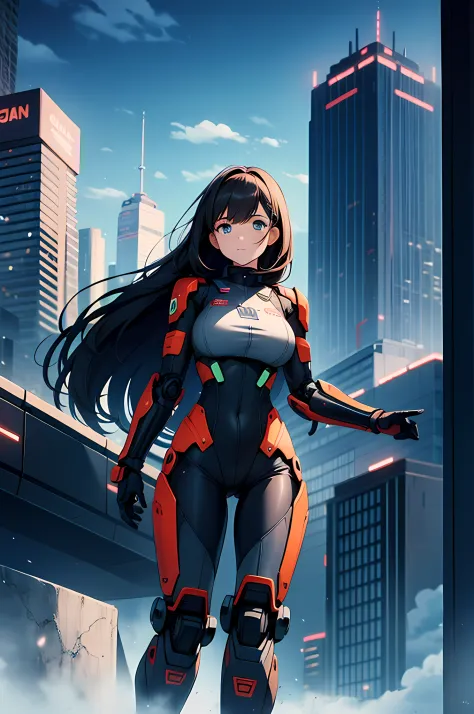 a girl in a mech suit, huge robotic arms, city background