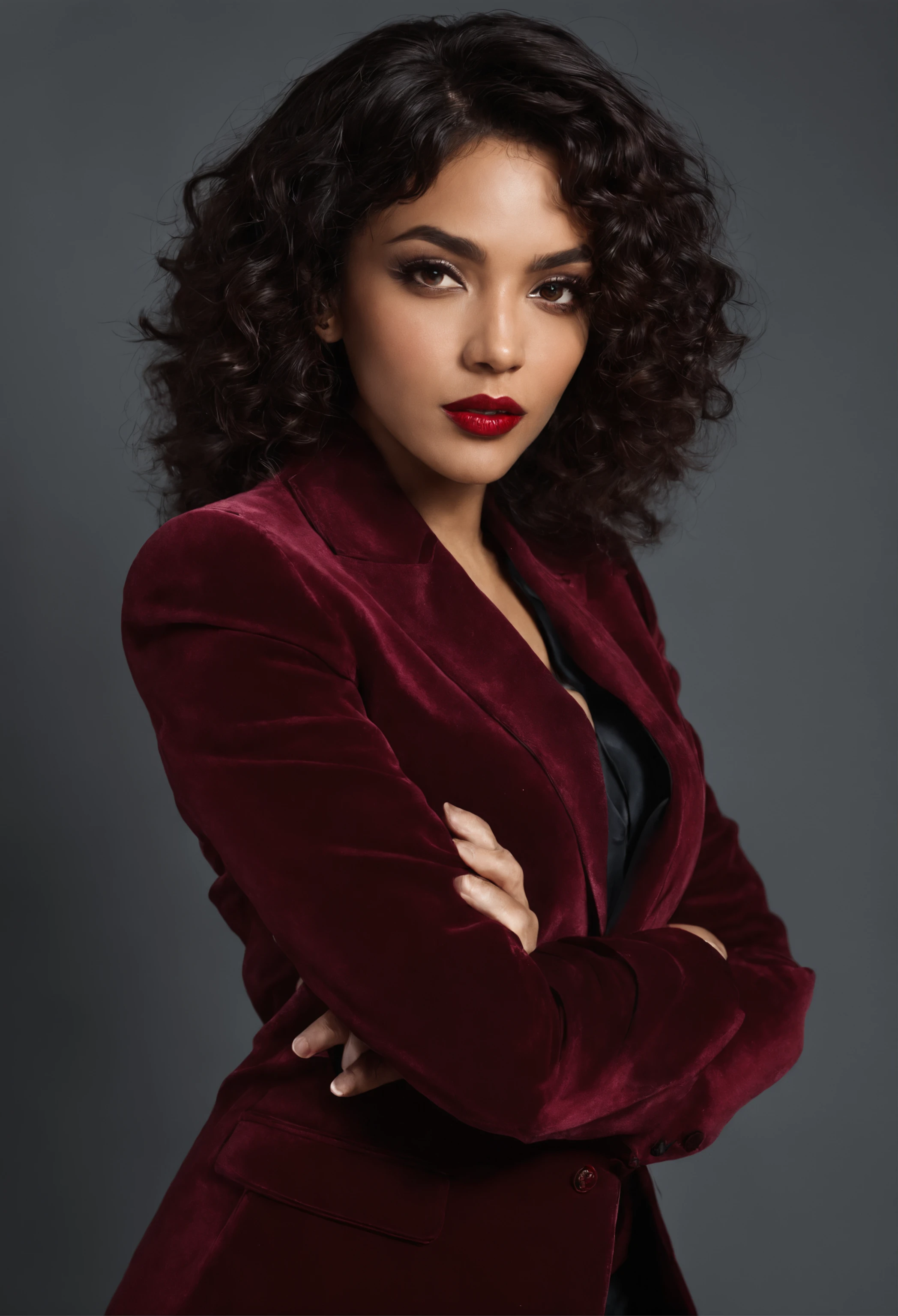 Portrait photo of a beautiful dark brown ethnic woman, with curly hair, 30 years old, wearing a red velvet blazer and pant suit with shirt underneath, Cinematic photo