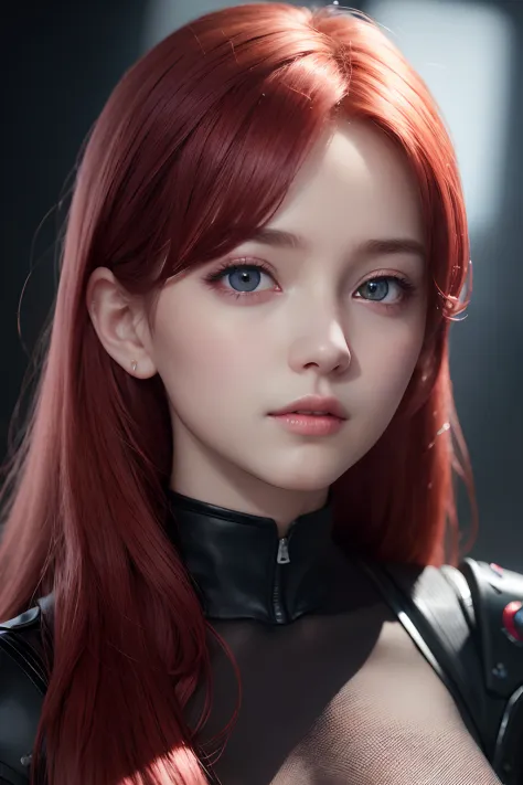 1Girl, star eyes, blush, Perfect Illumination, Red hair, Red Eyes, unreal-engine, Sidelighting, Detailed face, bangss, Bright skin, Simple background, dark backgrounds,