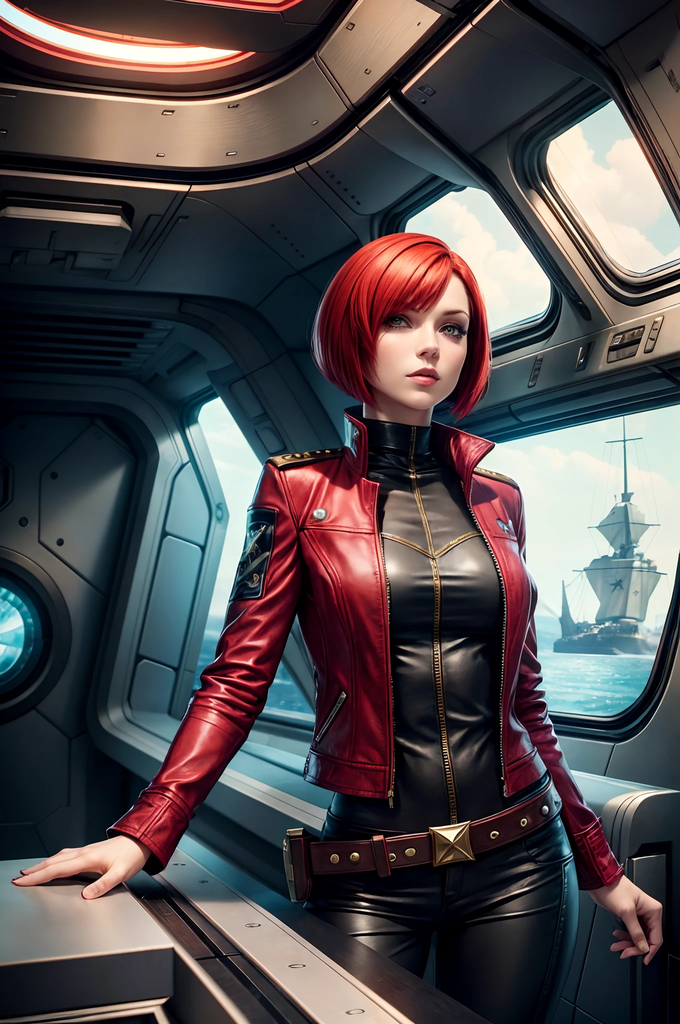 red bob cut, beautiful woman, starship captain, short jacket, cowboy shot, flirty, military bearing, standing, pirate, on a starship bridge, leather