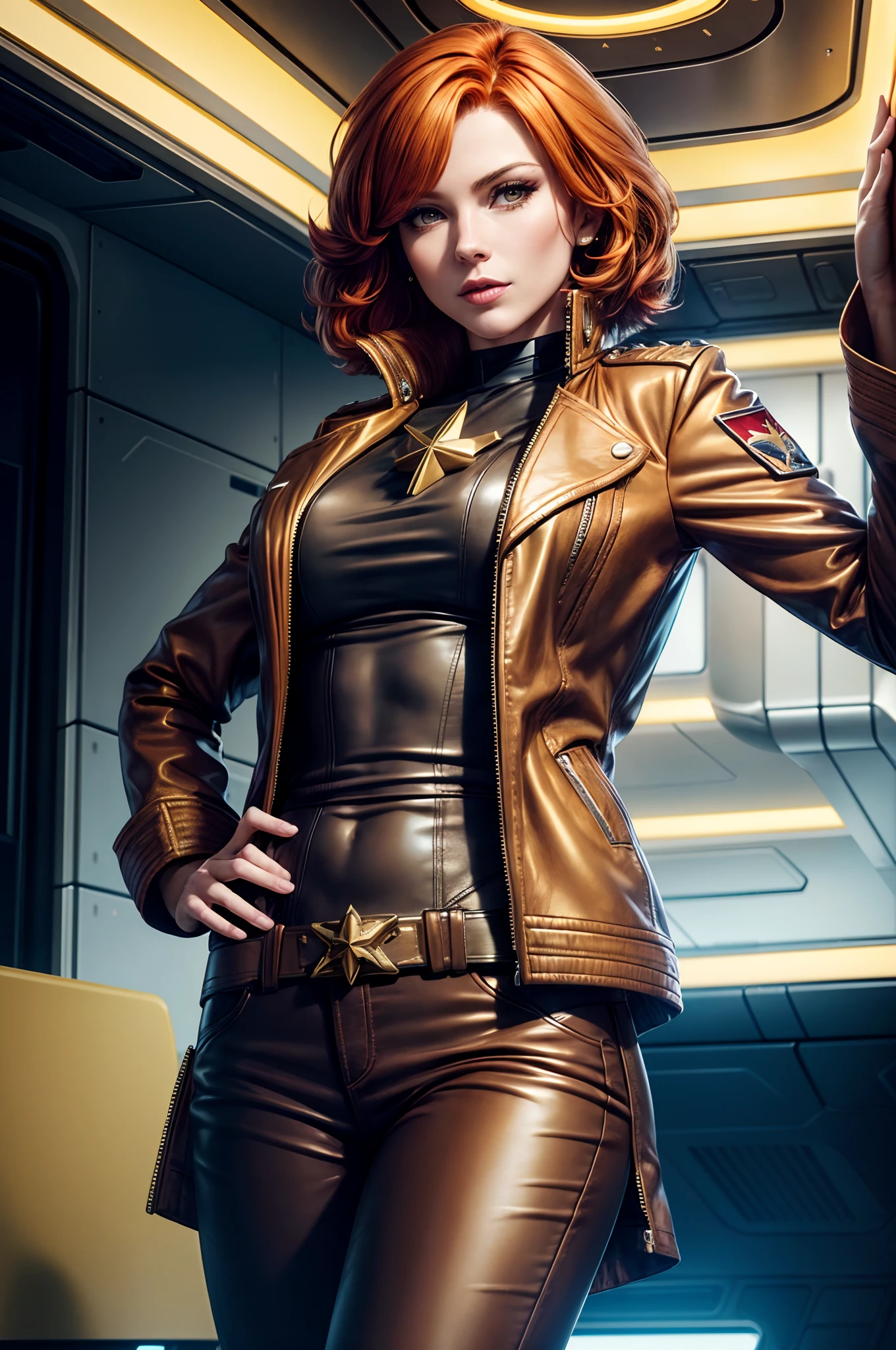 Classic Bob, golden red hair, beautiful woman, starship captain, short jacket, cowboy shot, flirty, military bearing, standing, pirate, on a starship bridge, leather