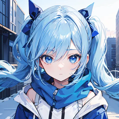 1girl, with light blue twintails hair and blue eyes, wearing a hair ribbon and a blue and white hoodie. The scene is set in winter, with the girl looking directly at the viewer. This image can be used as a profile picture.Pose,city background