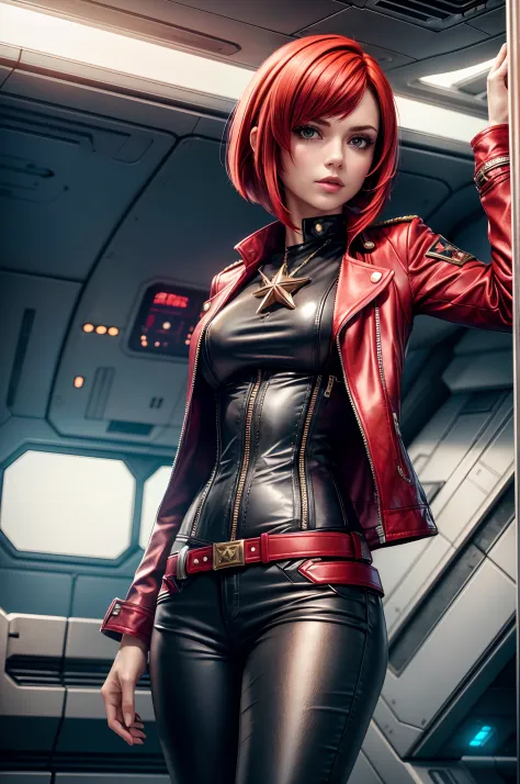 Layered Bob, Ruby Red hair, beautiful woman, starship captain, short jacket, cowboy shot, flirty, military bearing, standing, pi...