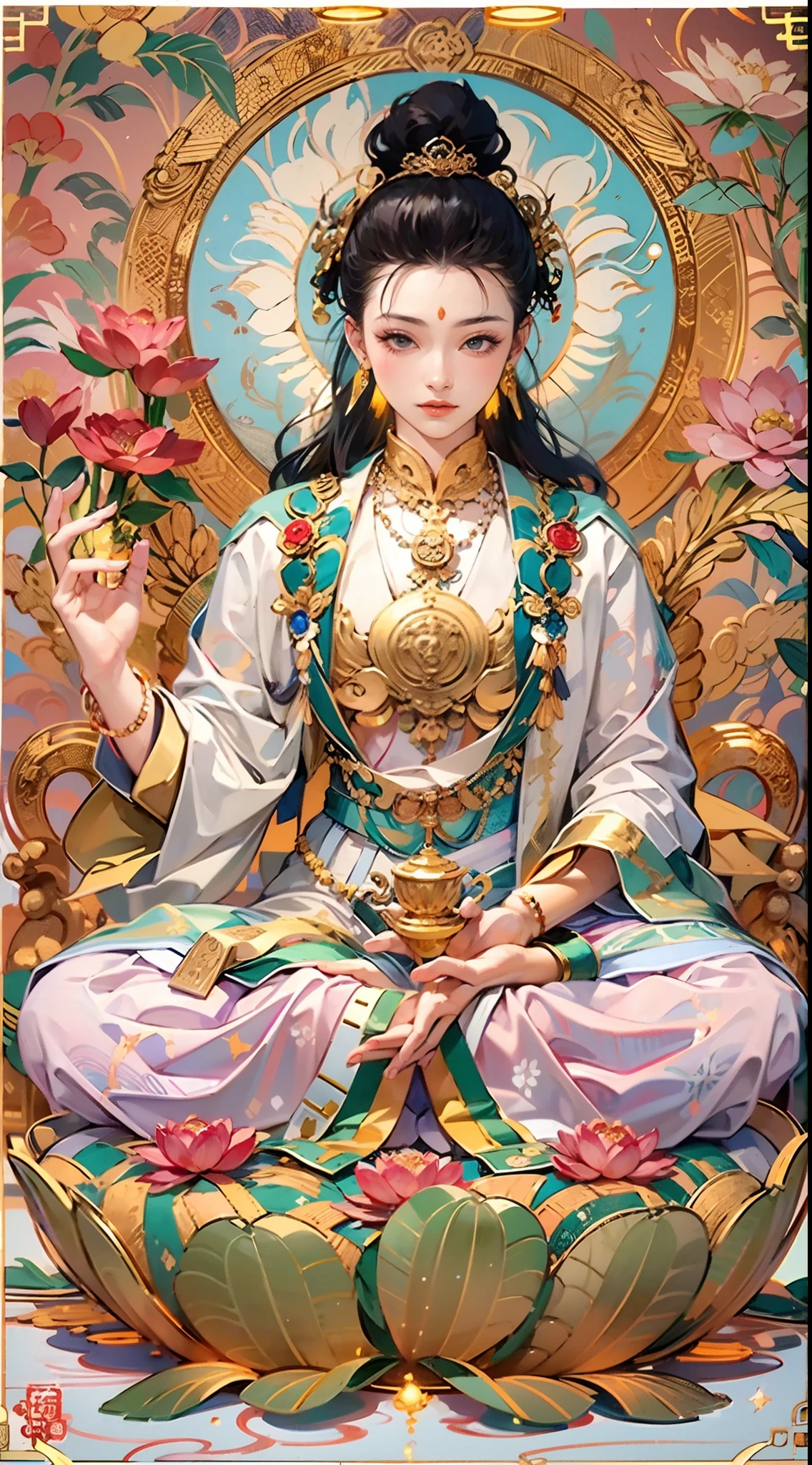 （Chinese Immortals）, （Buddhism）, Multiply_Handythological stories）, （bodhisattva）, She sits on a lotus, （Three hands on the left side，Three hands on the right side, Each hand holds a different Buddhist vessel, Left-right symmetry），（delicate and beautiful face）, （White silk robe）Sitting on a lotus flower, Fronts Photo，easy smile, Neoclassicism, to art, clair obscur, cinematic lighting, God Light, Raytracing, Character sheets, projected inset, first-person perspective, hyper HD, ​masterpiece, ccurate, textured skin, super detailed, high detailed, High quality, awards winning, best quality, a highres, 8K