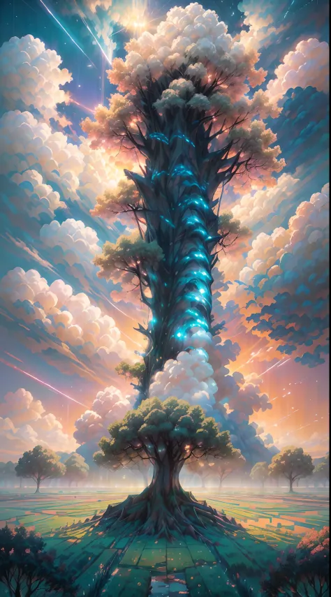 {{​master piece}},Works of masters，best qualityer,illustration,(Huge tree:1.5，flight，​​clouds)，(((falling from sky))),((Weatheri...