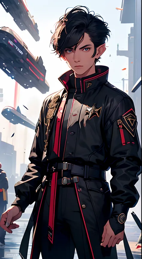 ((Best Quality, 8K, Masterpiece: 1.3)), standing young masculine man, athletic, with short black hair, black starfleet uniform, ...