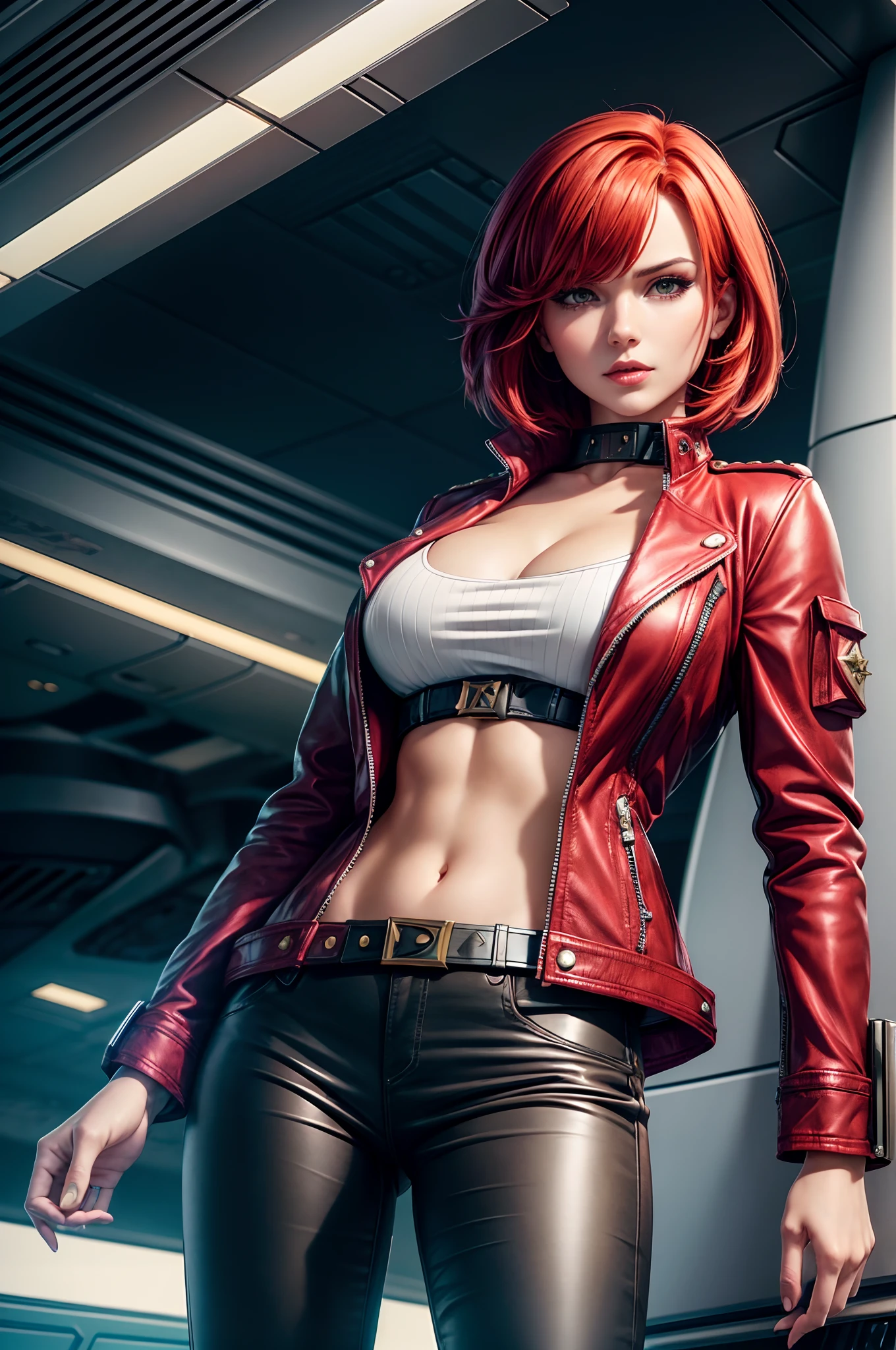 A-Line Bob, Ruby Red hair, beautiful woman, starship captain, short open jacket, cowboy shot, flirty, military bearing, standing, pirate, on a starship bridge, leather pants,