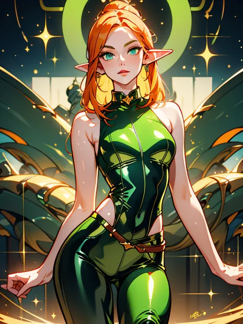 beautiful gorgeous female elf character, pale skin, long gold and orange ombre hair, sleeveless green bodice and tight leather p...