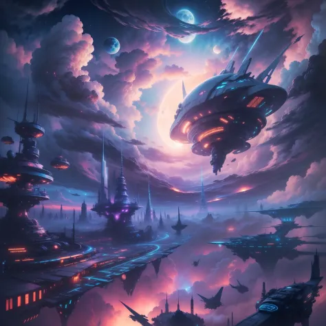((Need)), ((tmasterpiece)), (A detailed),Starships soar into the sky，Beautiful fluffy clouds wrap the starship，An alien technology starship sailing through the clouds，cyber punk perssonage，(sci-fi illustrations:1.3), Mysterious Sky,Endless starry sky， ultr...