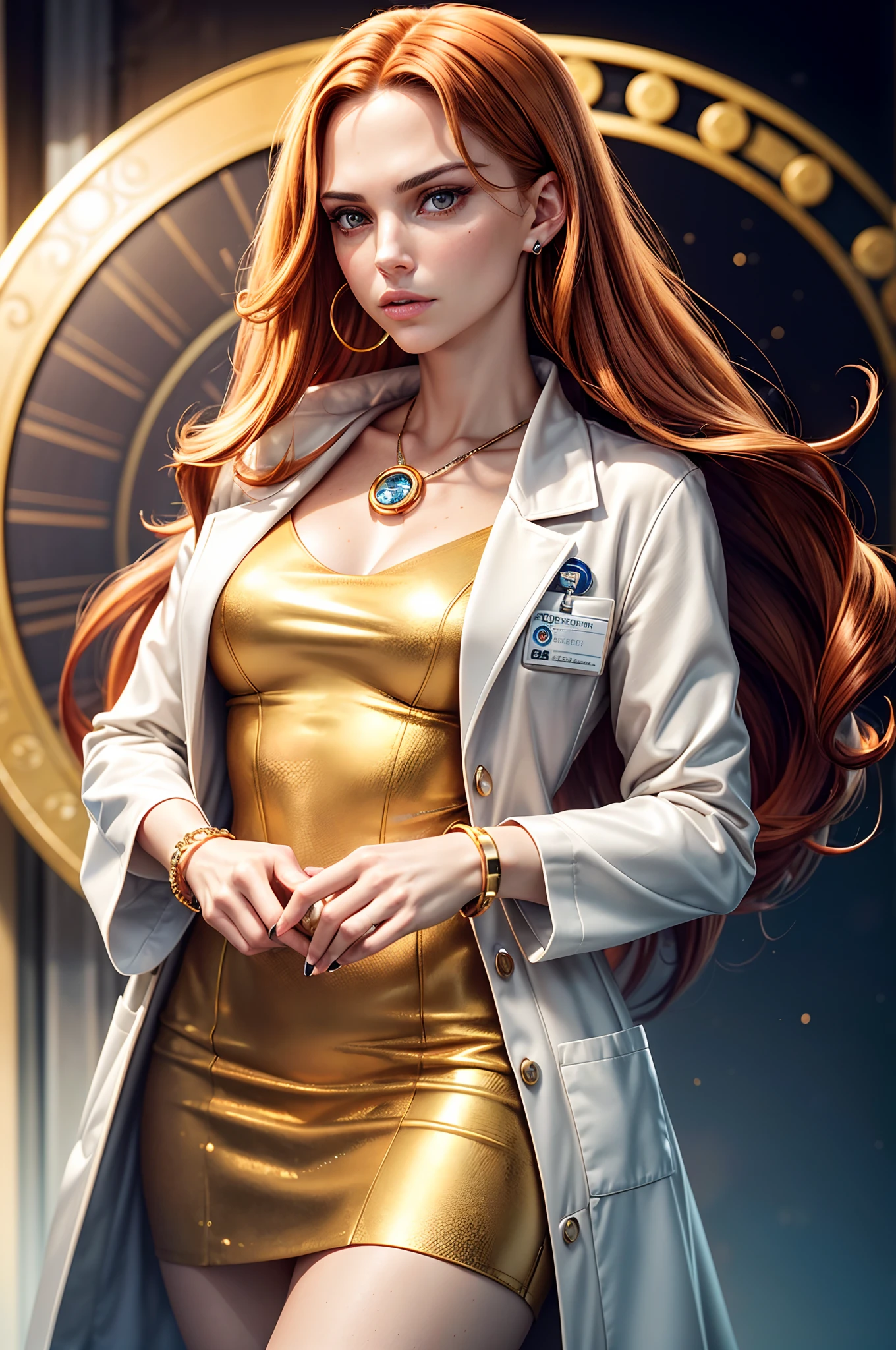 Flowing auburn hair, amber eyes, high cheekbones, facial blend of Natalie Portman, Zoe Saldana, and Charlize Theron, late-twenties female appearance, slightly freckled, lab coat bearing a golden helix emblem, mid-shot, neutral background, delicate bracelet with embedded micro-chip, holding a petri dish, digital ID badge clipped to coat